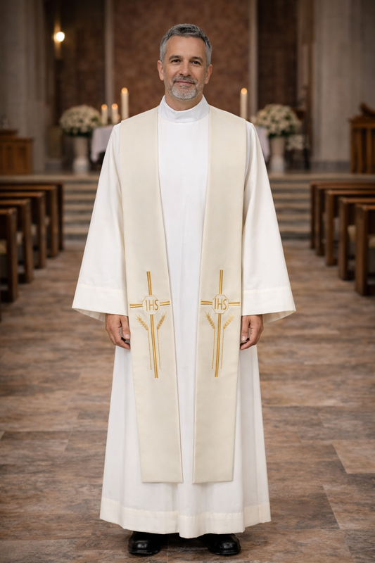 Priest in a white alb with ivory stole standing in a church.