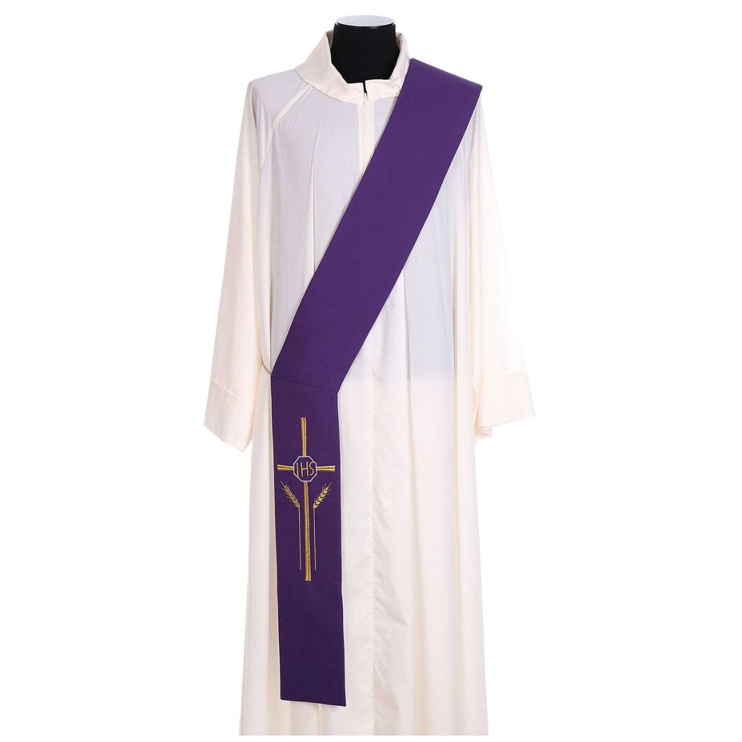 Deacon stole with cross wheat stock and IHS design on purple . Made in Italy and sold by The Clergy Store