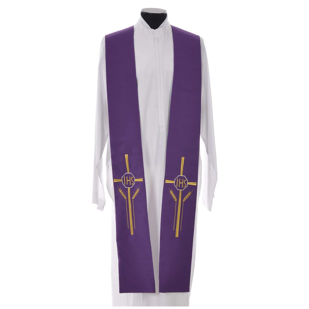 Priest stole with cross wheat stock and IHS design in purple. Made in Italy and sold by The Clergy Store