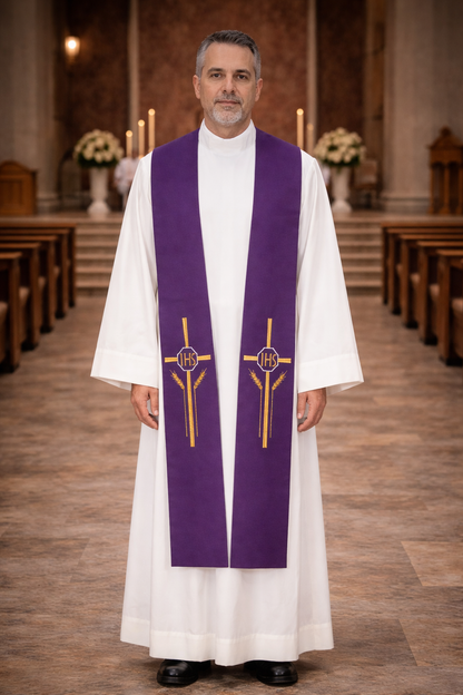 Priest in a white alb with a purple stole cross symbols in a church setting