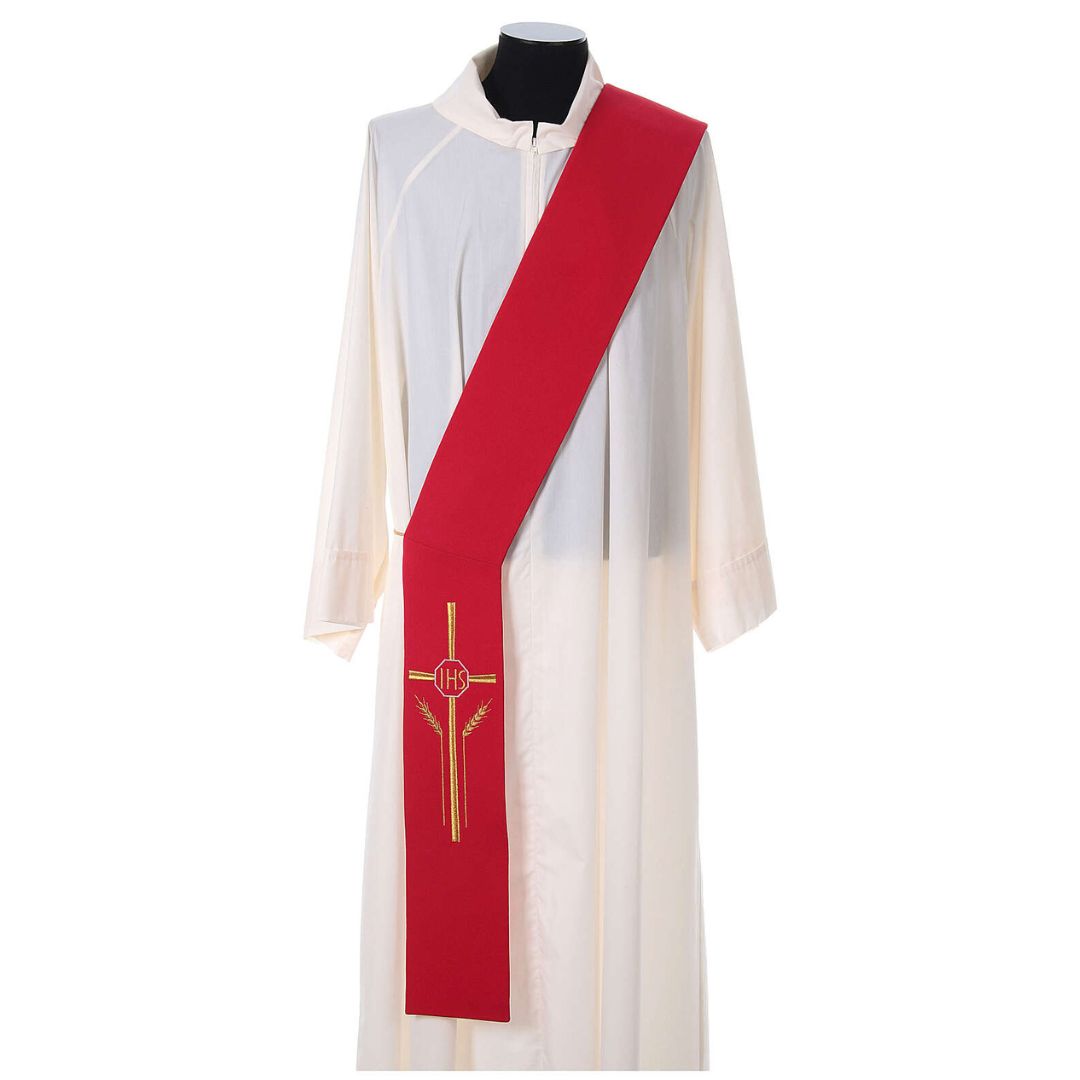 Deacon stole with cross wheat stock and IHS design on red. Made in Italy and sold by The Clergy Store