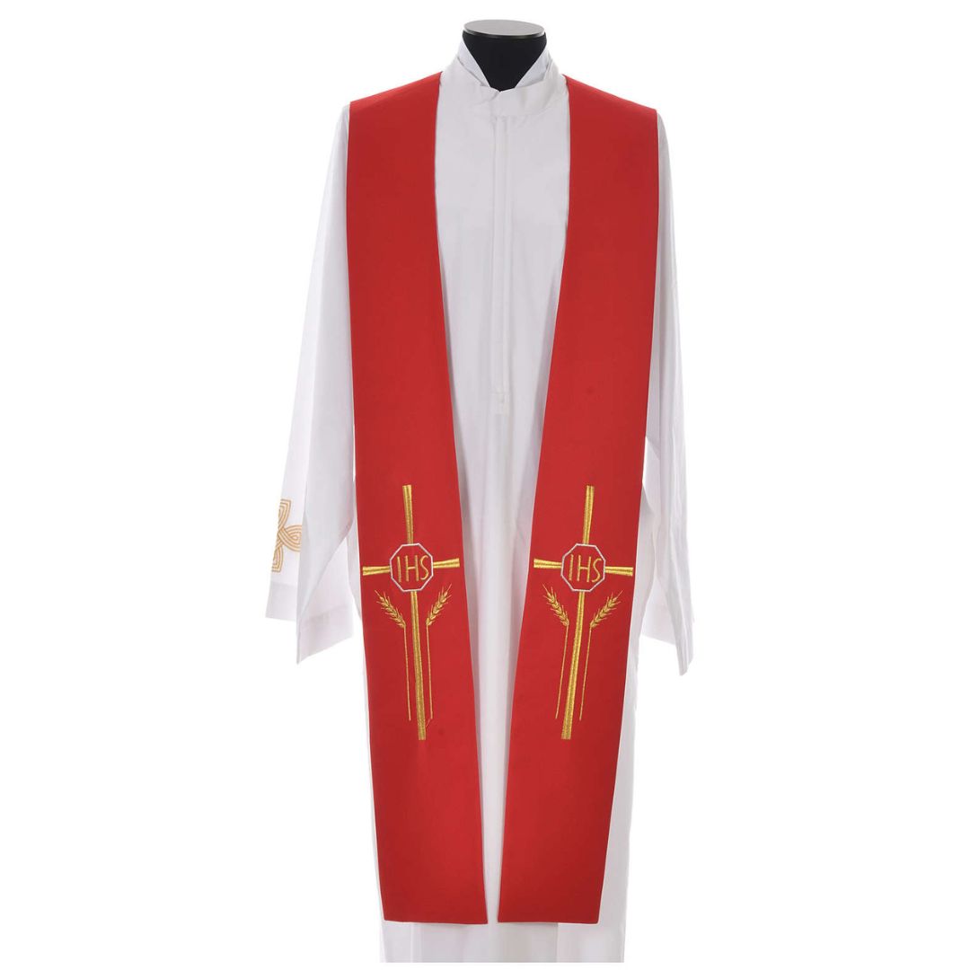 Priest stole with cross wheat stock and IHS design in red. Made in Italy and sold by The Clergy Store