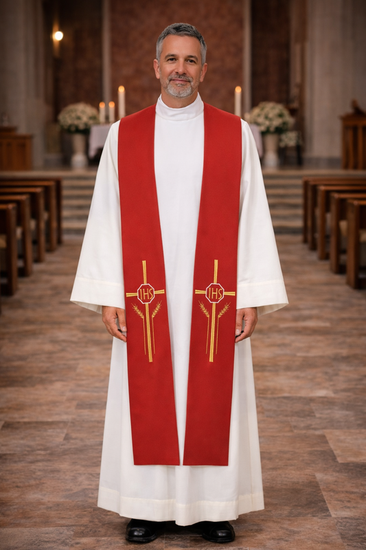 Priest in a white alb with a red stole cross symbols in a church setting