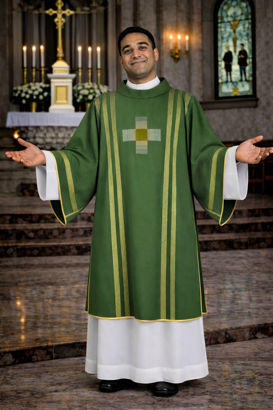 Priest in green and white liturgical vestment with a cross symbol in a church setting.