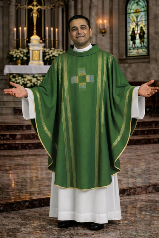 Priest in green liturgical vestments standing in a church setting.