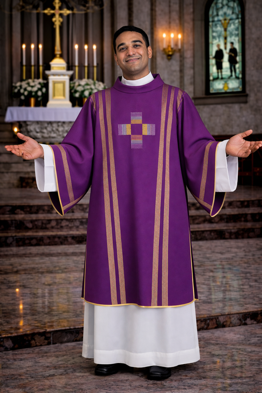 Priest in purple and white vestment standing in a church setting