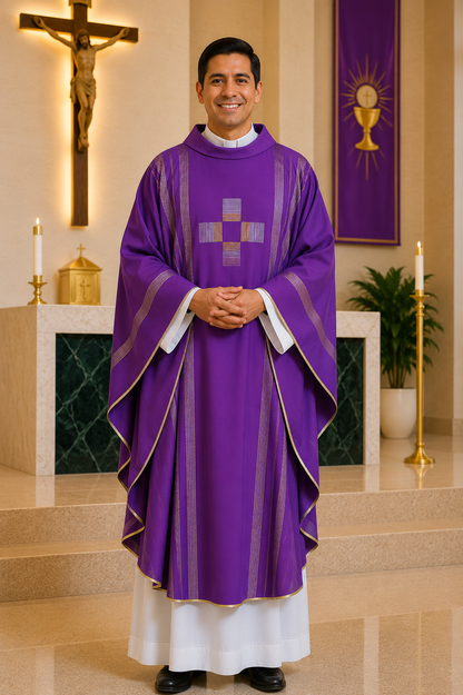 A smiling man wearing a purple and white liturgical vestment stands in a church setting with a crucifix, altar, candles, and potted plant in the background.