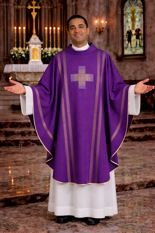 Priest in purple vestment with cross symbol in a church setting