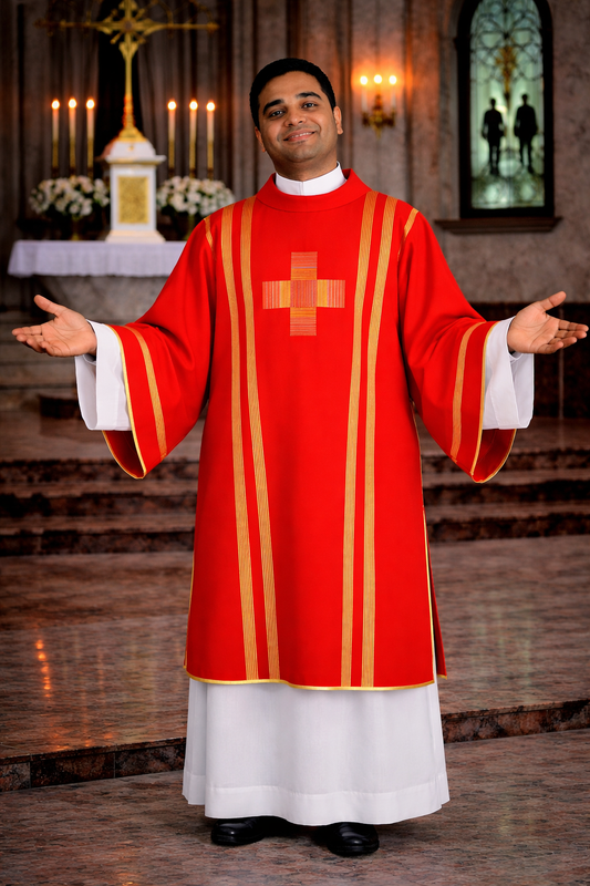 Priest in red and white liturgical vestments standing in a church.