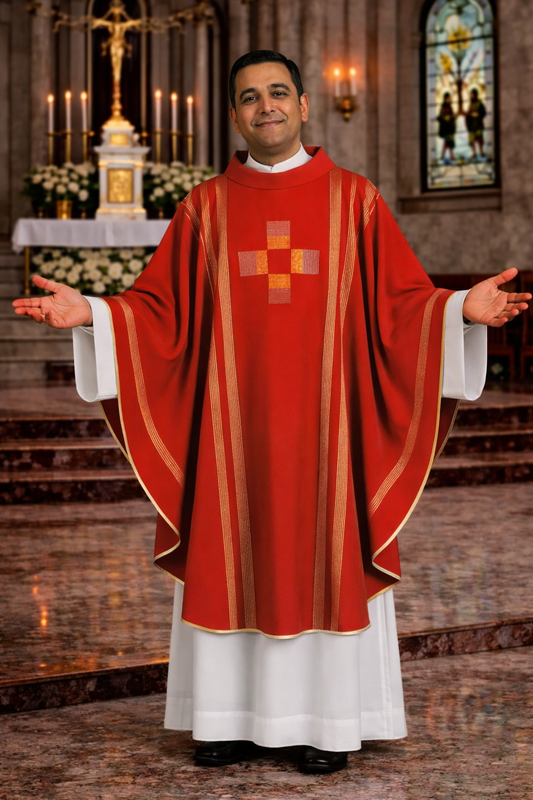 Priest in red liturgical vestments standing in a church setting.