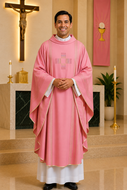 A smiling man wearing a pink liturgical vestment and white undergarments stands in a church setting with a crucifix, candles, and altar visible in the background.