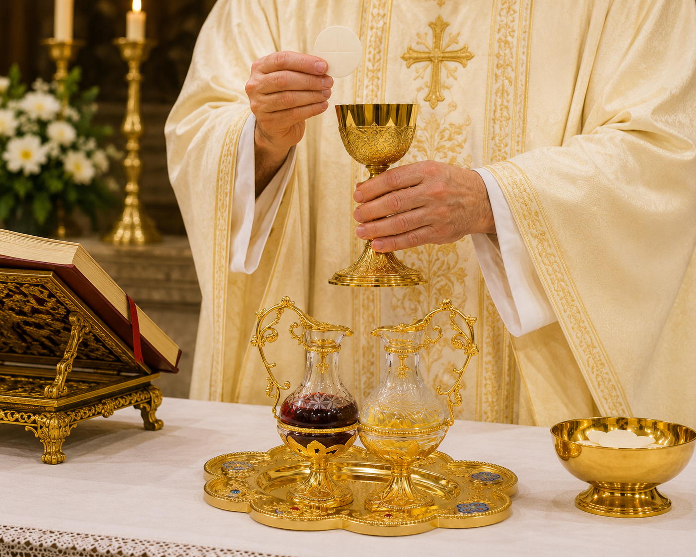 Sacred Vessel Cruet Sets Glass Crystal Wine & Water, Brass Gold Plated With Enamel Elements. 