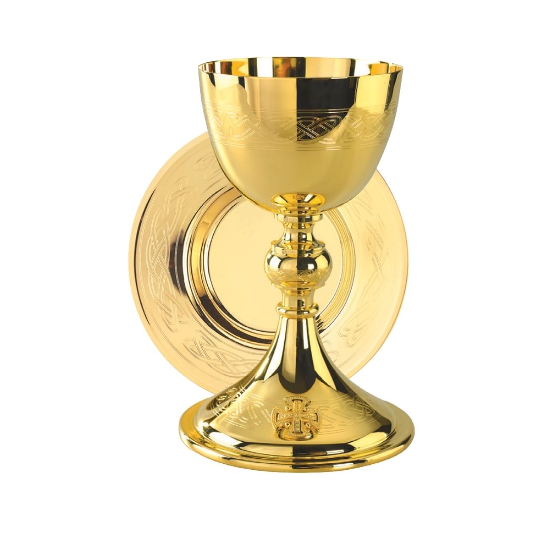 Chalice made in the U.S.A. Classical design with Filigree and cross. 24K Gold plated.