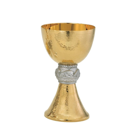 Chalice made in the U.S.A.  Hammered Finish with Silver Fish Node Design. 24K Gold plated.