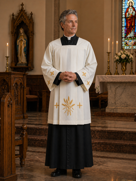Clergy surplice in a polyester material. Embroidered crosses and wheat design. Made in Italy and sold by The Clergy Store.