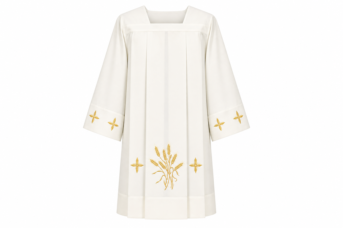 Clergy surplice in a polyester material. Embroidered crosses and wheat design. Made in Italy and sold by The Clergy Store.