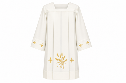 Clergy surplice in a polyester material. Embroidered crosses and wheat design. Made in Italy and sold by The Clergy Store.