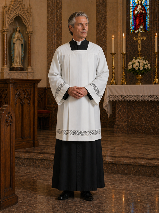 Clergy Surplice made from a cotton blend with lace insert. Made in Italy and sold by The Clergy Store
