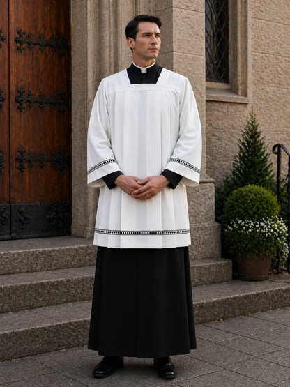Clergy surplice in fine Italian wool with grey thread hemstitch. Square Neckline and Front and Back Pleats. Made in Italy and sold by The Clergy Store