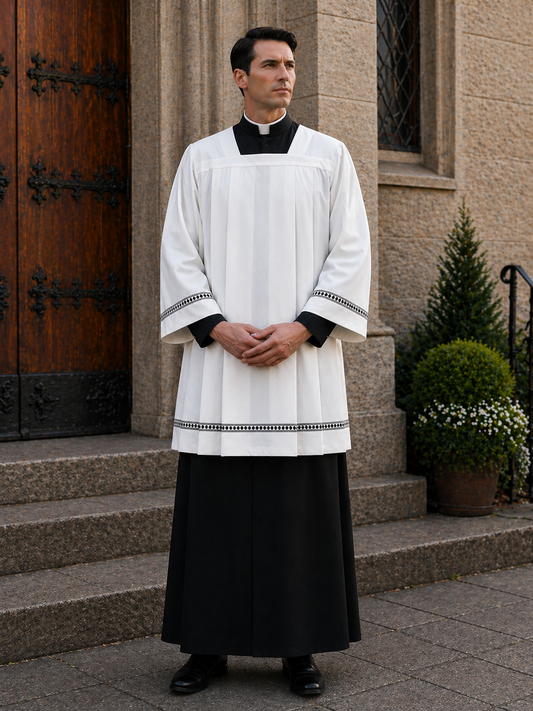 Clergy surplice in fine Italian wool with grey thread hemstitch. Square Neckline and Front and Back Pleats. Made in Italy and sold by The Clergy Store