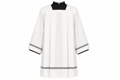 Clergy surplice in fine Italian wool with grey thread hemstitch. Square Neckline and Front and Back Pleats. Made in Italy and sold by The Clergy Store