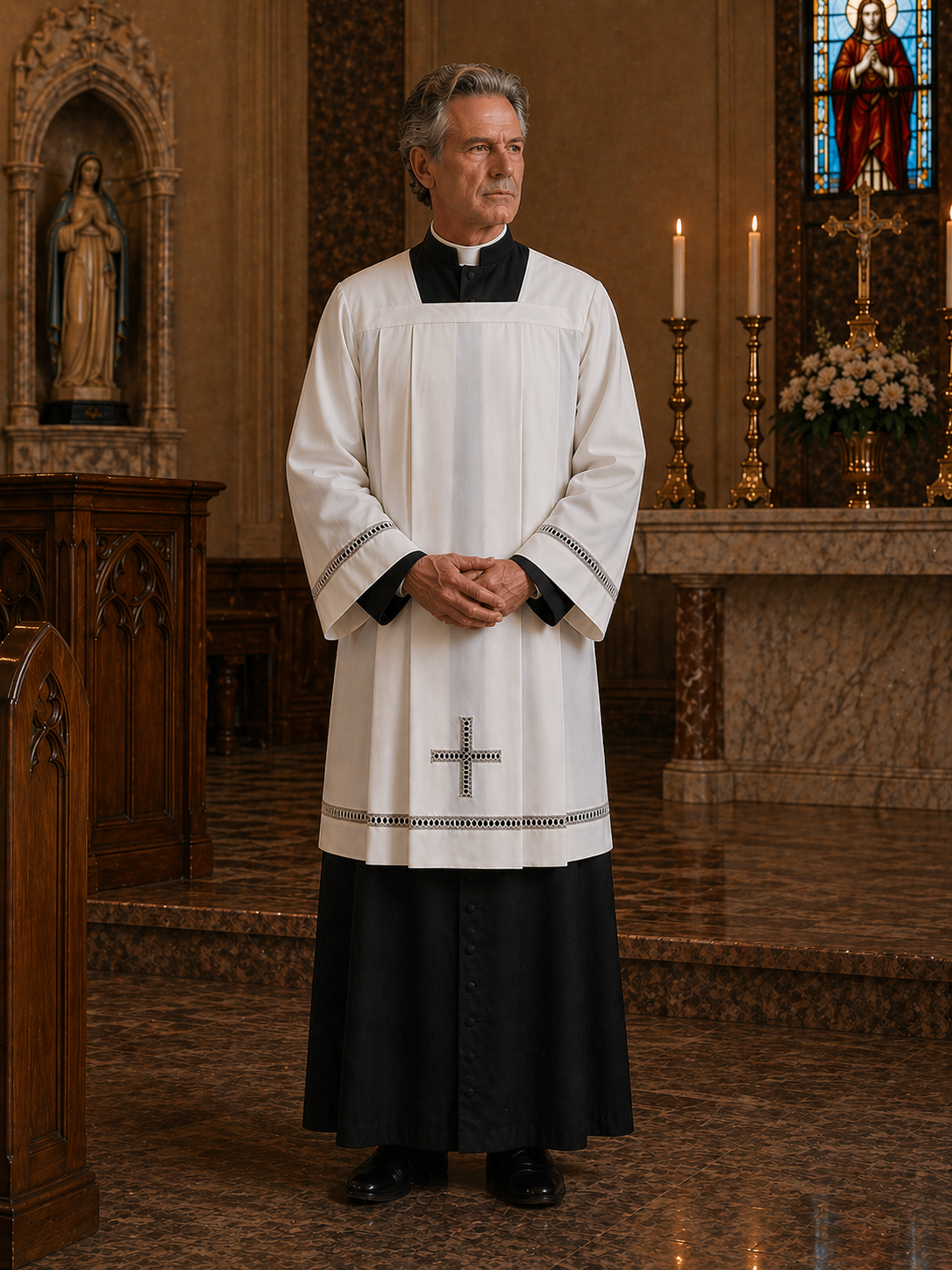 Clergy Surplice made from a wool blend with grey hemstitch and cross insert. Made in Italy and sold by The Clergy Store