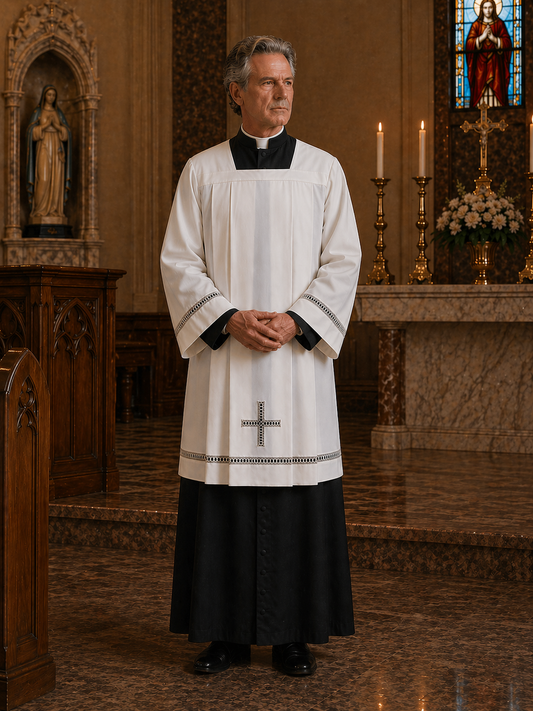 Clergy Surplice made from a wool blend with grey hemstitch and cross insert. Made in Italy and sold by The Clergy Store