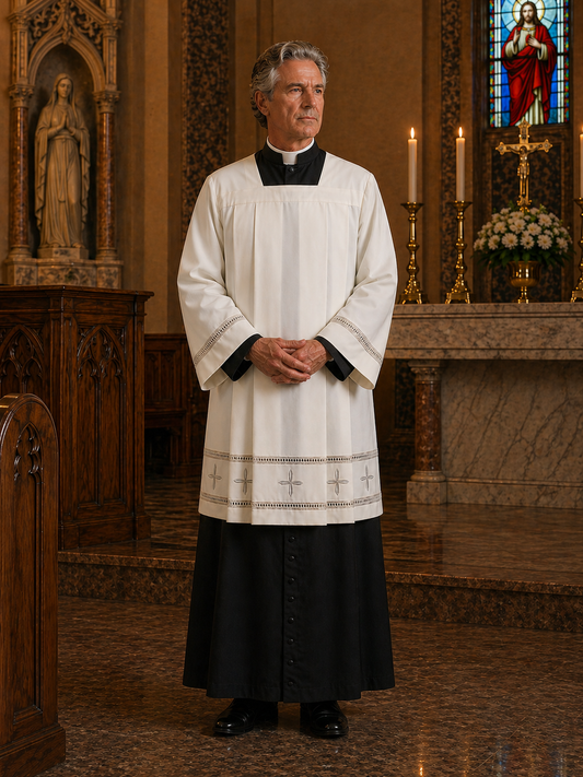 Clergy Surplice made from a wool blend with grey hemstitch and cross insert. Made in Italy and sold by The Clergy Store