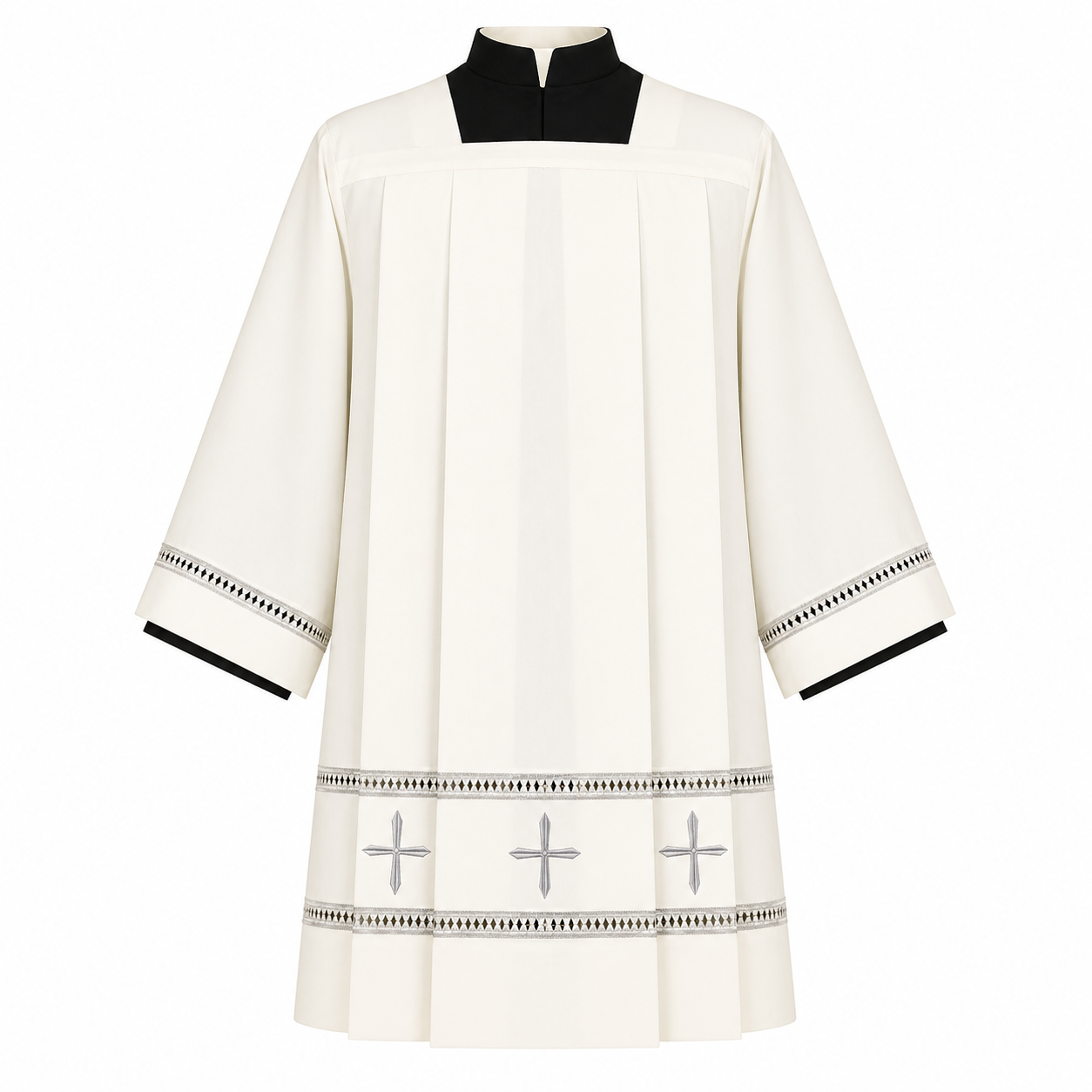 Clergy Surplice made from a wool blend with grey hemstitch and cross insert. Made in Italy and sold by The Clergy Store