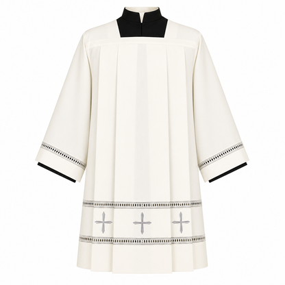 Clergy Surplice made from a wool blend with grey hemstitch and cross insert. Made in Italy and sold by The Clergy Store