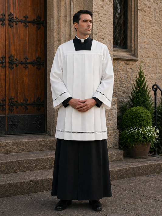 Clergy Surplice made from a cotton blend with single hemstitch insert. Made in Italy and sold by The Clergy Store