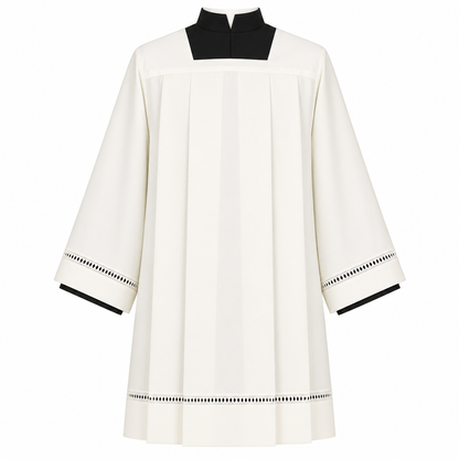 Clergy Surplice made from a cotton blend with single hemstitch insert. Made in Italy and sold by The Clergy Store