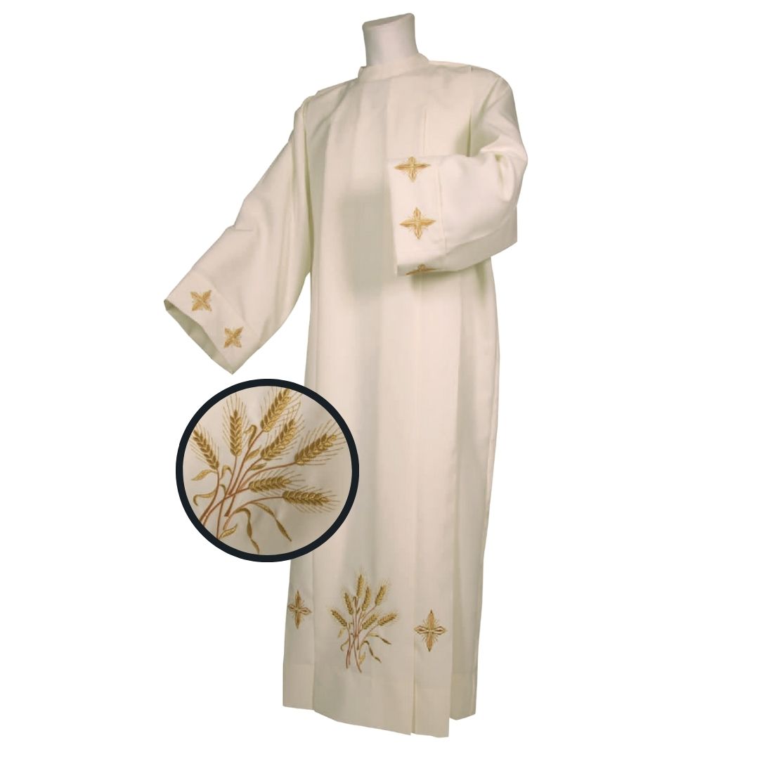 Clergy Alb Ivory with Zipper on the Shoulder. 100% Polyester. Embroidered Stalk of Wheat and Crosses. Made in Italy and sold by The Clergy Store