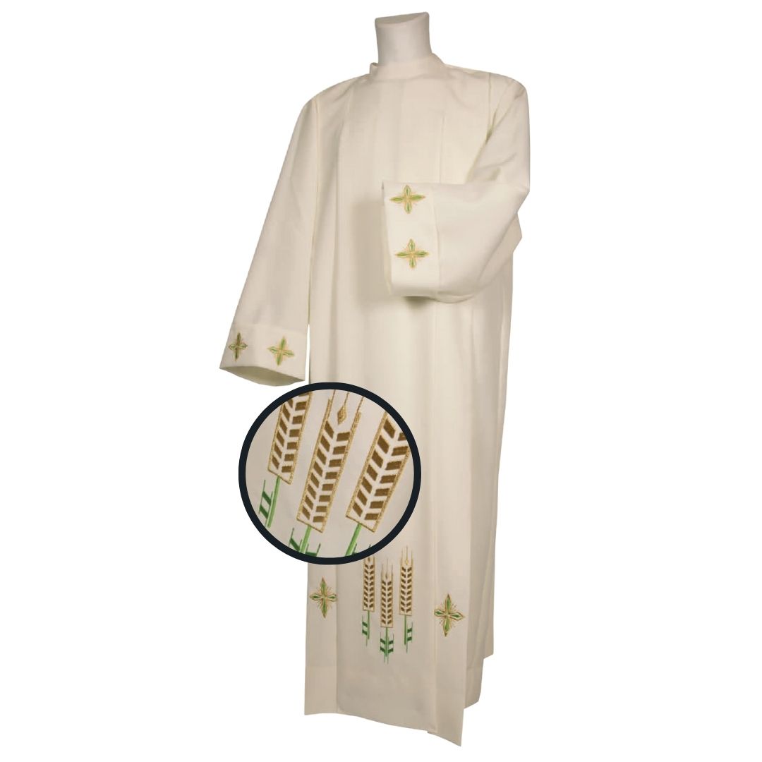 Clergy Alb Ivory with Zipper on the Shoulder. 100% Polyester. Embroidered Stalk of Wheat and Crosses. Made in Italy and sold by The Clergy Store