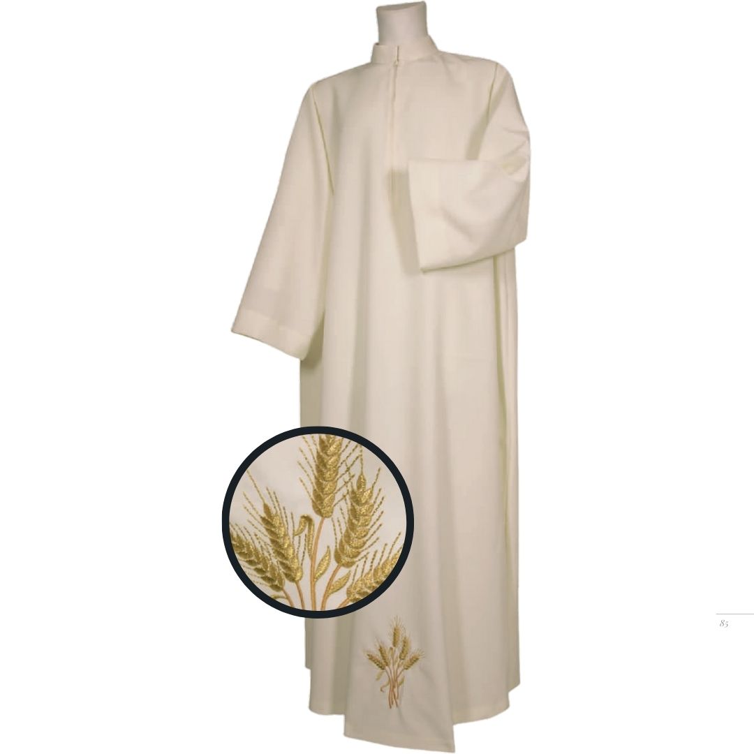 Clergy Alb Ivory with Zipper . 100% Polyester. Embroidered Stalk of Wheat and Crosses. Made in Italy and sold by The Clergy Store