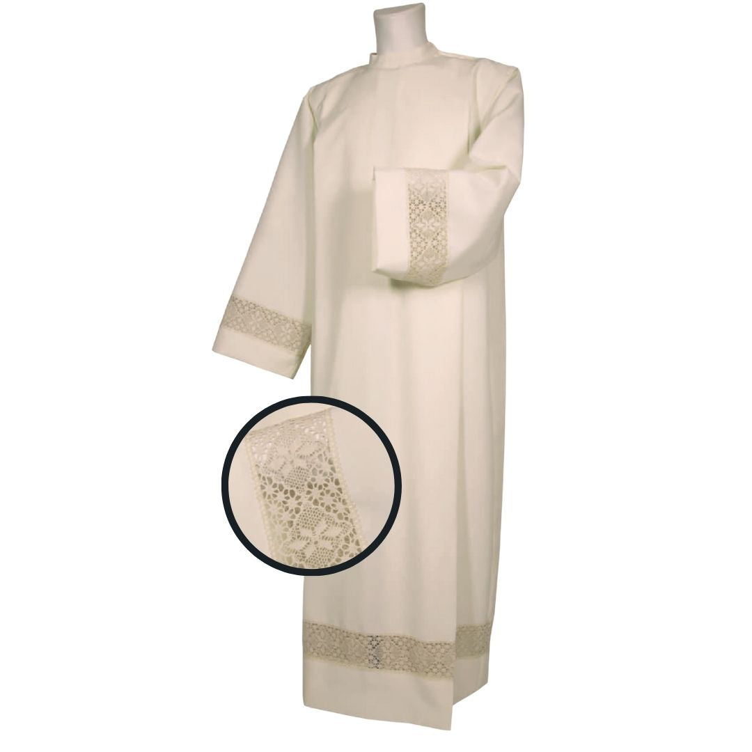 Clergy Alb Ivory with Zipper on the Shoulder. 100% Polyester. Lace insert. Made in Italy and sold by The Clergy Store