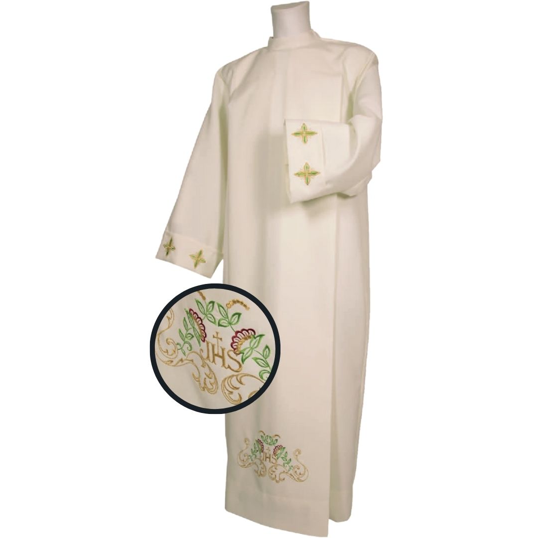 Clergy Alb Ivory with Zipper on the Shoulder. 100% Polyester. Embroidered IHS. Made in Italy and sold by The Clergy Store