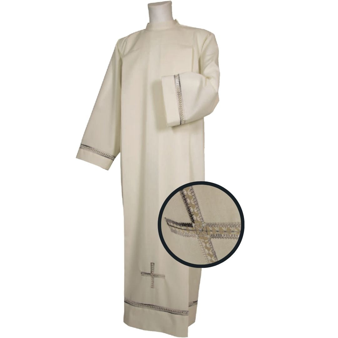 Clergy alb with hand embroidered hemstitch on the sleeve and bottom. Made of Wool blend. Zipper on the shoulder. Made in Italy and sold by The Clergy Store