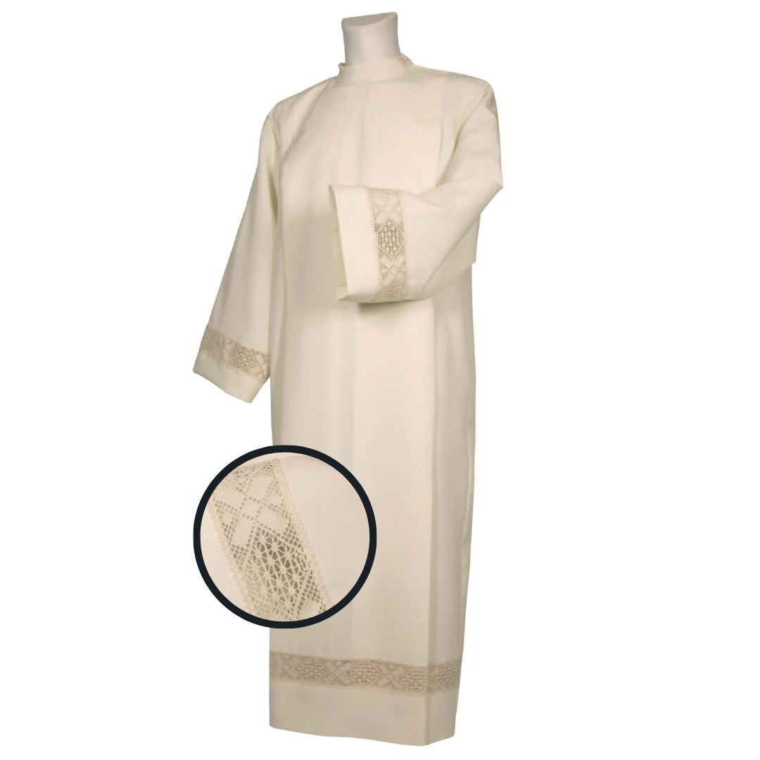 Clergy Alb Ivory with Zipper on the Shoulder. 100% Polyester. Lace insert. Made in Italy and sold by The Clergy Store