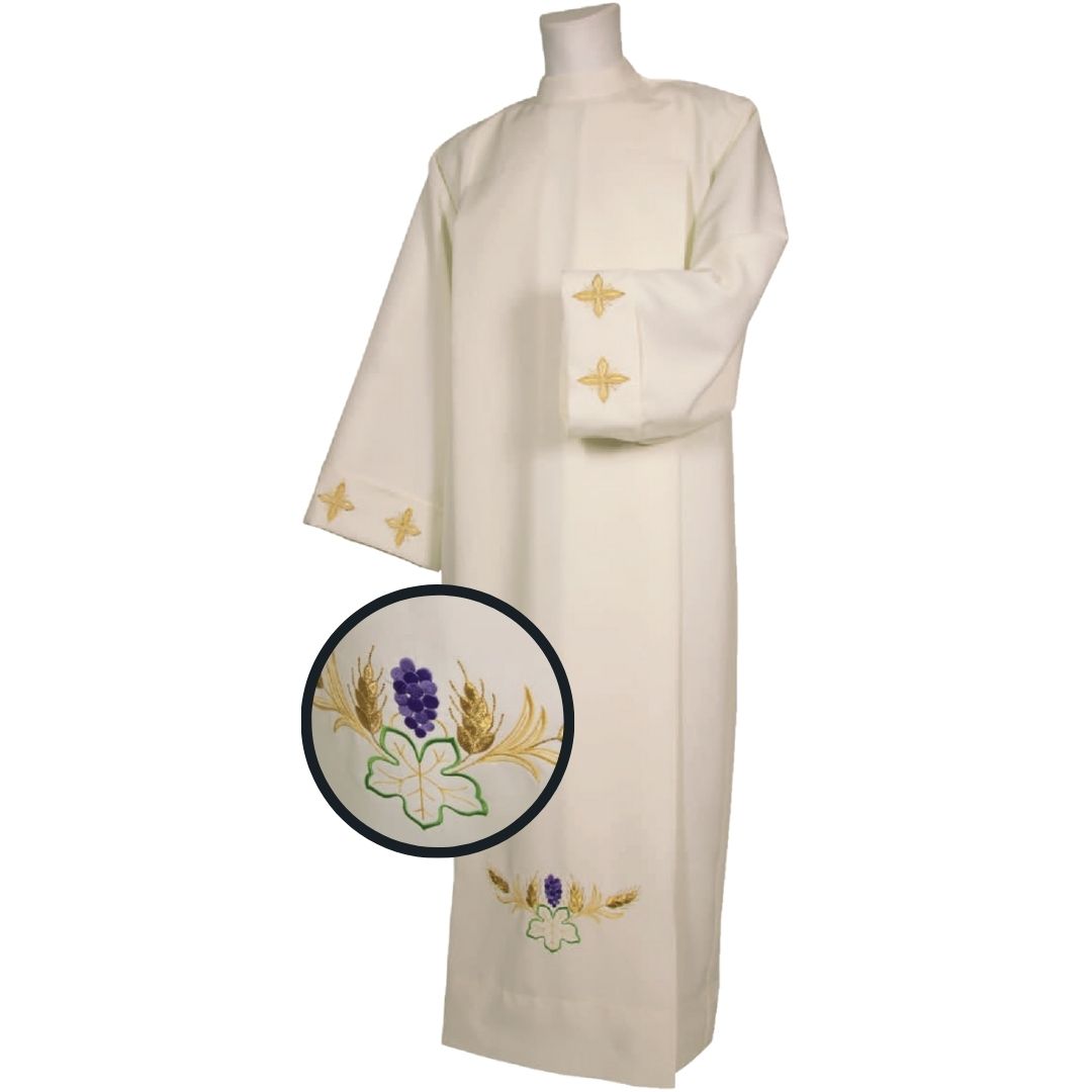 Clergy Alb Ivory with Zipper on the Shoulder. 100% Polyester. Embroidered Grapes and Stalk of Wheat. Made in Italy and sold by The Clergy Store