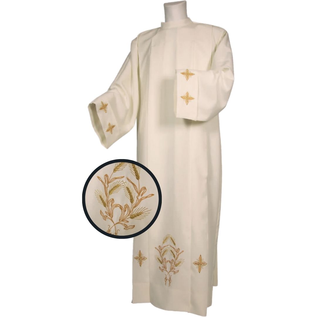 Clergy Alb Ivory with Zipper on the Shoulder. 100% Polyester. Embroidered Stalk of Wheat and Crosses. Made in Italy and sold by The Clergy Store