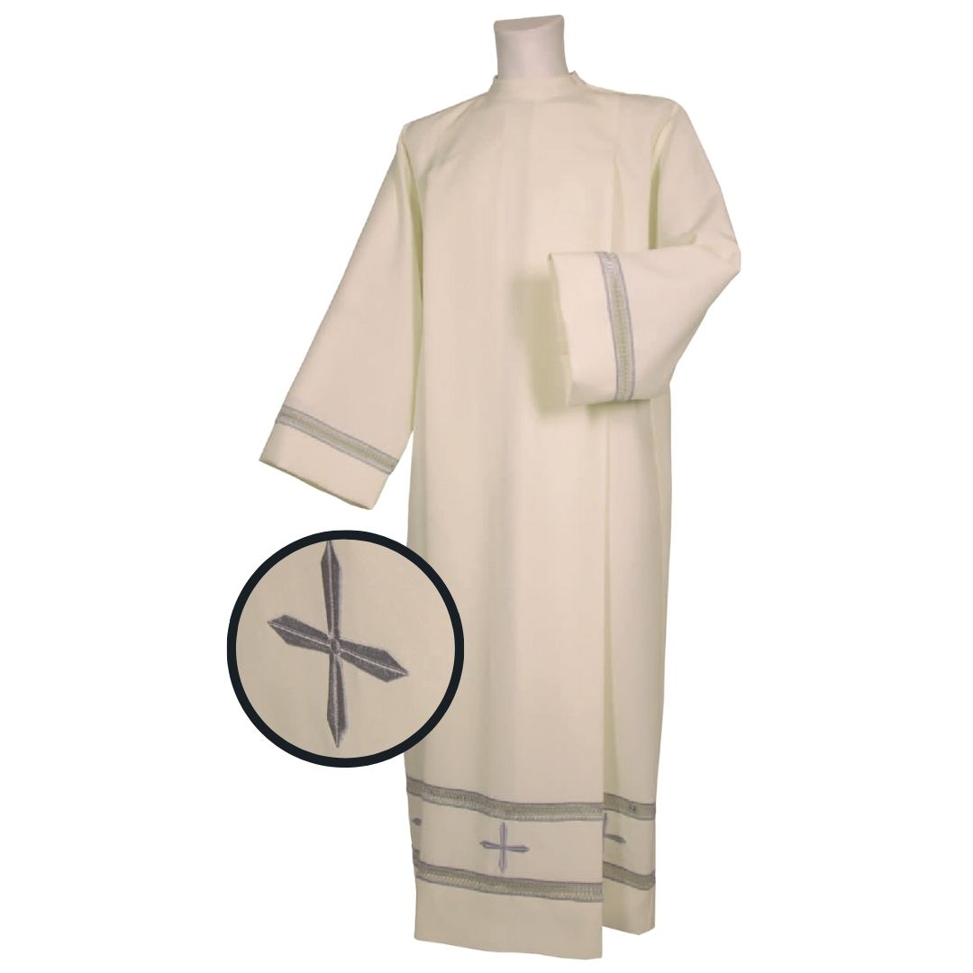 Clergy alb with machine embroidered hemstitch on the sleeve and bottom. Made of Wool blend. Zipper on the shoulder. Made in Italy and sold by The Clergy Store