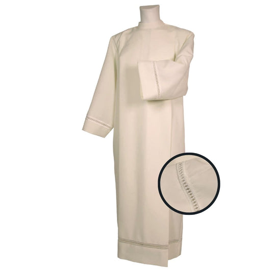 Clergy alb with machine embroidered hemstitch on the sleeve and bottom. Zipper on the shoulder. Made in Italy and sold by The Clergy Store