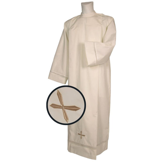 Clergy alb with machine embroidered hemstitch on the sleeve and bottom. Made of Wool blend. Zipper on the shoulder. Made in Italy and sold by The Clergy Store