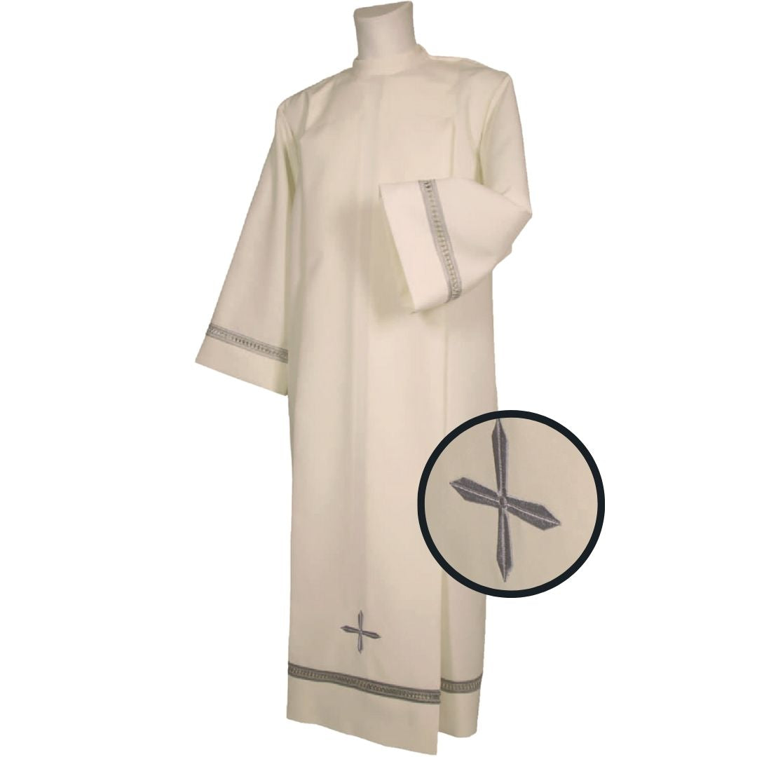 Clergy alb with machine embroidered hemstitch on the sleeve and bottom. Made of Wool blend. Zipper on the shoulder. Made in Italy and sold by The Clergy Store