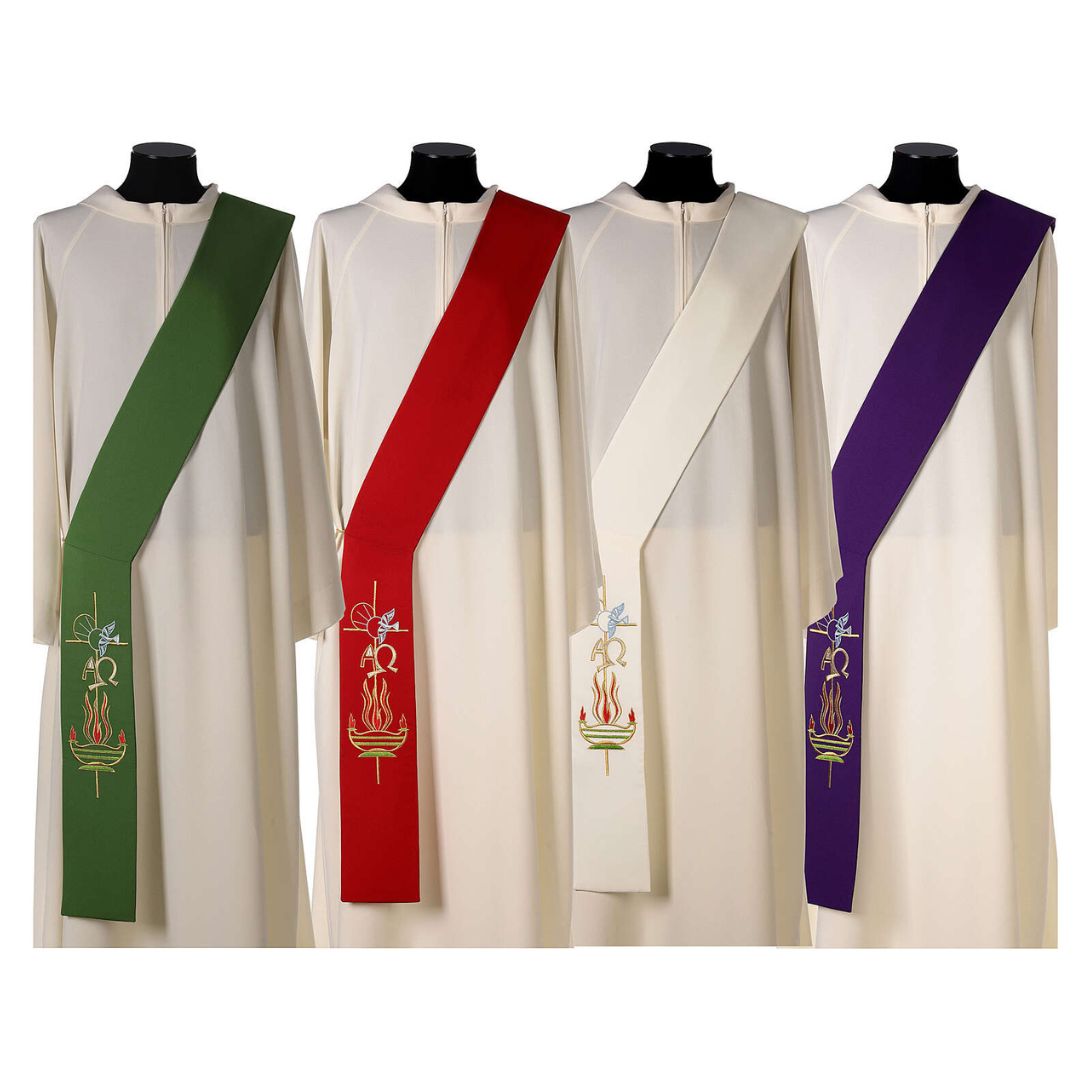 Deacon stole with Alpha & Omega design in all four colors. Made in Italy and sold by The Clergy Store