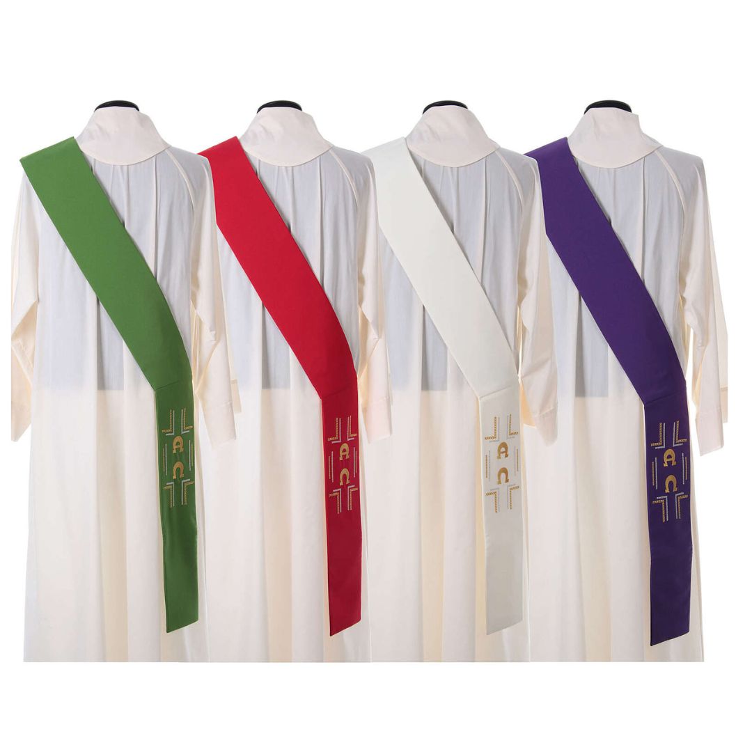  Deacon Stole  in all four colors with embroidered design of a alpha and omega and cross at the bottom. Backside view. Made in Italy and sold at The Clergy Store