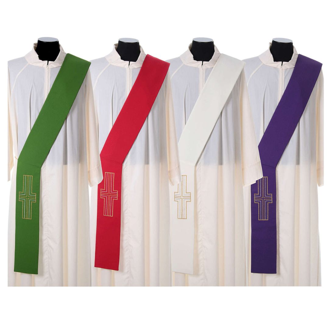  Deacon Stole  in all four colors with embroidered design of a alpha and omega and cross at the bottom. Frontside view. Made in Italy and sold at The Clergy Store