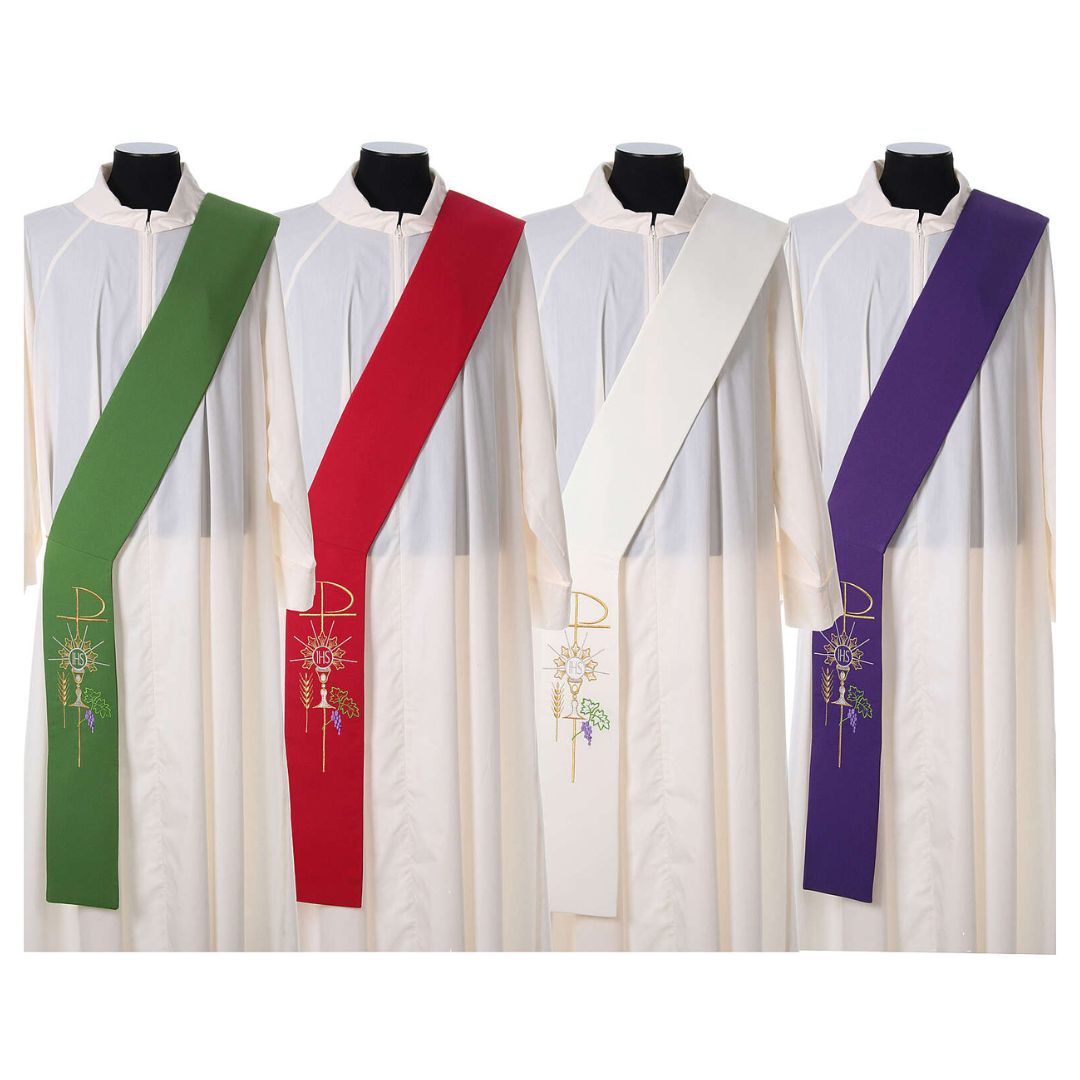 Deacon stole with chalice grapes hosts and ihs design on all four colors. Made in Italy and sold by The Clergy Store