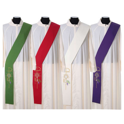 Deacon stole with chalice grapes hosts and ihs design on all four colors. Made in Italy and sold by The Clergy Store